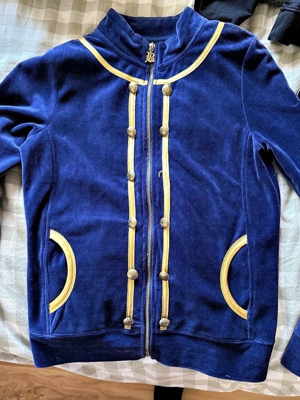 BCBG MaxAzria Blue & Gold Velour Varsity Jacket